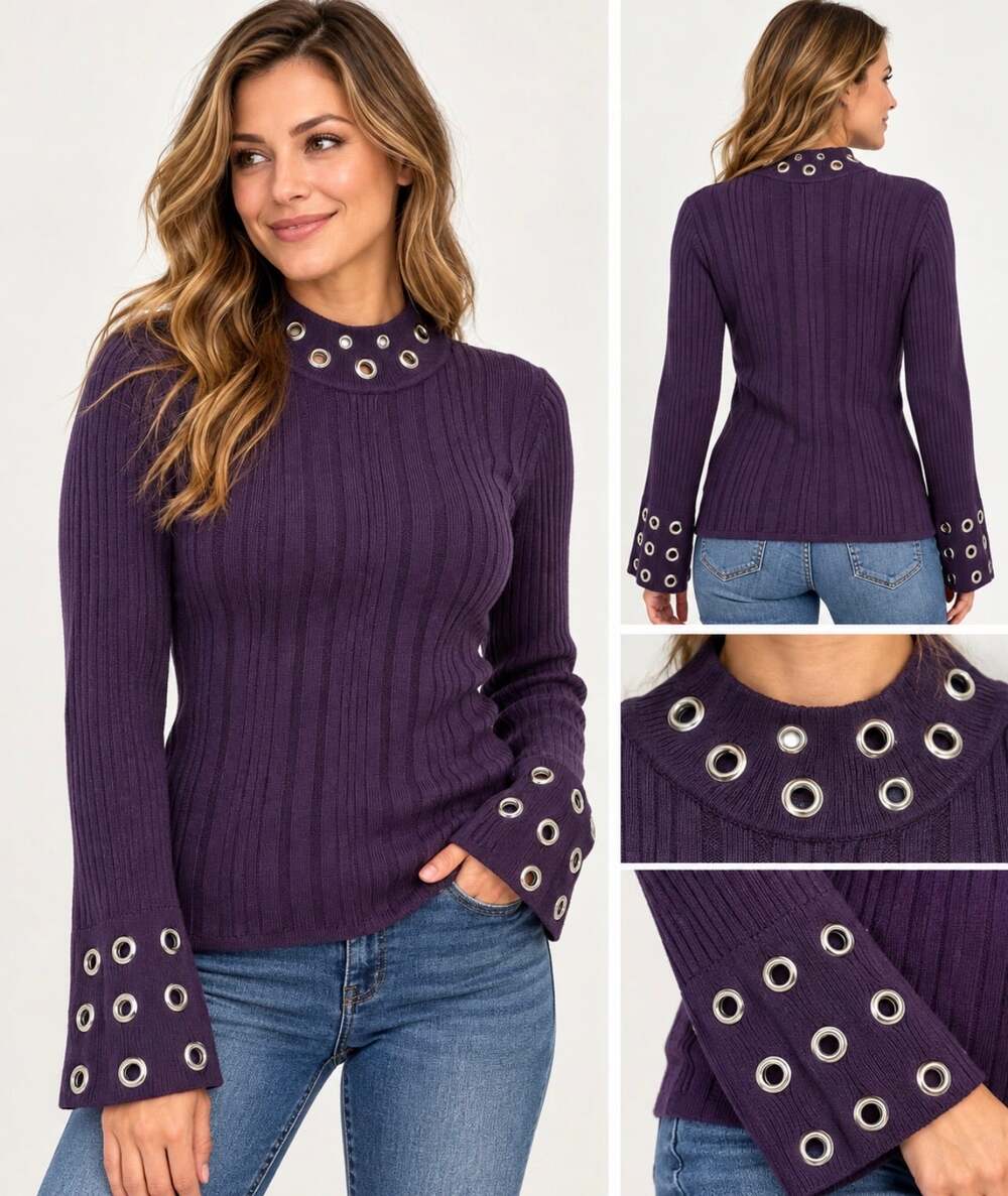INC International Concepts Purple Ribbed Grommet Mock Neck Sweater M